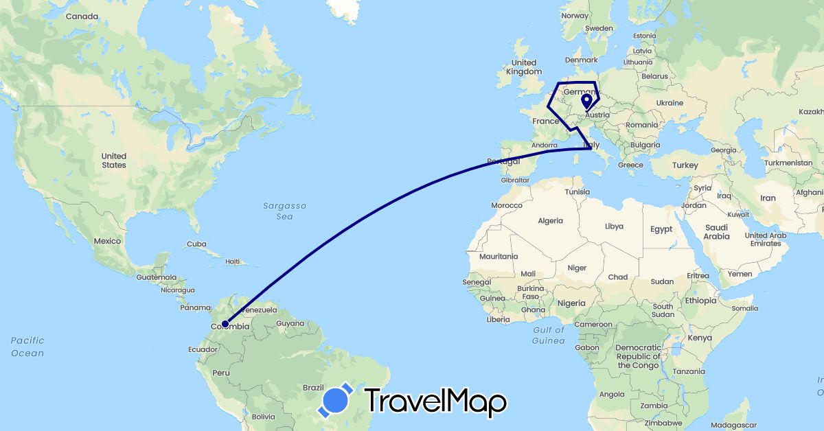 TravelMap itinerary: driving in Colombia, Czech Republic, Germany, Spain, France, Italy, Netherlands (Europe, South America)